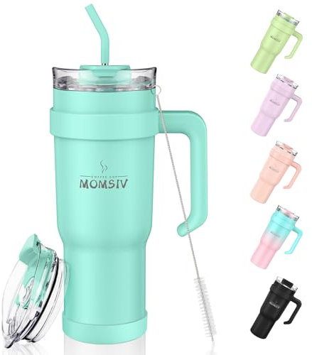 MOMSIV Bicchiere da 1100 ml con manico e cannuccia, grande capacità da 1100 ml, in acciaio inox, a tenuta stagna, isolamento sottovuoto, a doppia parete, bottiglia d'acqua per bevande calde