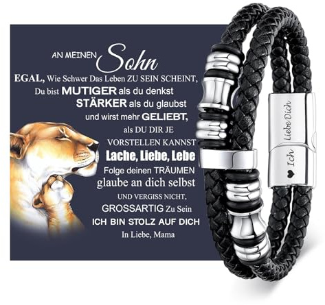 Armband Herren Lederarmband Sohn Geschenk-Schwarz Herrenarmband mit Gravur | Leder Armbänder an Meinen Sohn für 18 Geburtstag Junge Teenager Engraved Mutmacher 16 19 21 Jährige Männer von Mama Papa