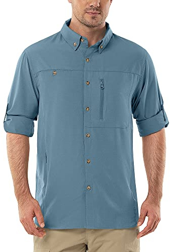 Outdoor Ventures Men's Hiking Shirts Lightweight Long Sleeve Safari Shirt | Quick Dry UPF 50+ Botton Down Shirts Breathable Roll-Up Sleeve Outdoor Shirts with 3 Large Pockets, for Walking Fishing