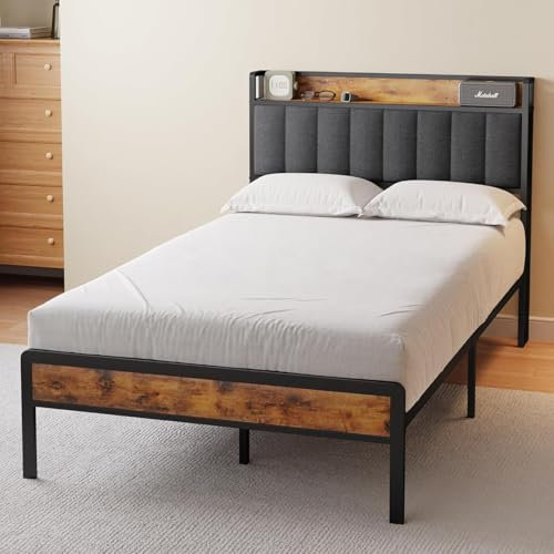 Bealife Letto imbottito 120x200cm, struttura letto in legno e metallo Piattaforma imbottita Letto matrimoniale con supporto testiera a doghe in legno (Grigio scuro, 120x200cm)