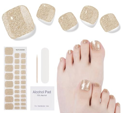 Semi Cured Gel Nail Strips- 32 Pcs Nail Wraps,Gold Toenail Stickers, Works with Any UV Lamp - Easy to Carry Holy Gels& Use and Remove，Suitable for Both Girls and Women