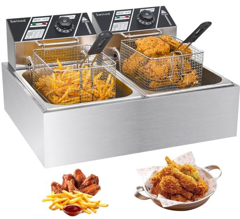 Commercial Deep Fryer with Baskets, 3400W 12.7QT/12L Thickened Stainless Steel Countertop Electric Oil Fryer, Large Capacity with Temperature Control, silver