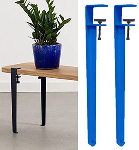 Lot de 2 pieds de table réglables en fer en forme de F pour table basse, salle à manger, banc, meubles amovibles et sans perforation, pieds de meubles en métal avec pince de serrage, 71 cm, bleu foncé