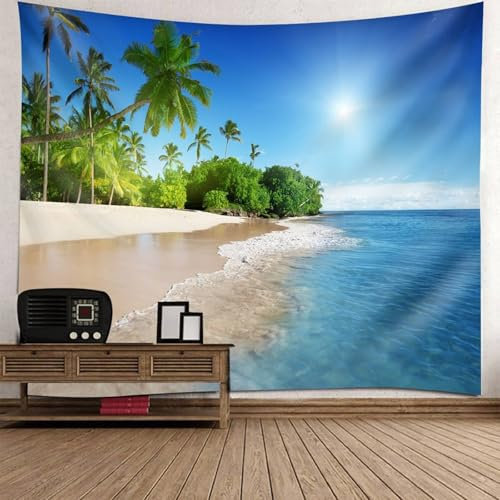Mesnt Wandbehang Palme Strand, 350x256cm Tropische Kokosnuss-Palme Natur Meer Strand Landschaft Wandteppiche Wandkunst für Schlafzimmer Wohnzimmer | Blau Grün Braun