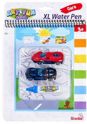 SIMBA 106334713 Art und Fun XL Water Pen Bilar Målarbok, 2 x fordon vardera 7 cm, vattenborste, 4 magiska sidor 19 x 22 cm, från 3 år