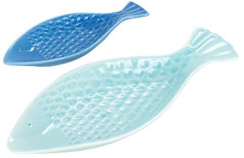 Set di 2 piatti pesci blu in ceramica, tema mare, altezza 30 cm (grande)