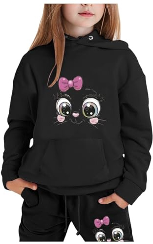 Generisch Tuta da allenamento per bambini ragazze, tuta sportiva, tuta da allenamento con gattina carina, set classico per il tempo libero, outfit sportivo, set fitness, felpa con cappuccio e