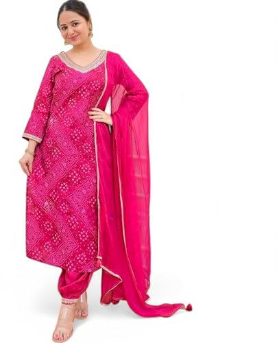 RangMahal - Set kurti da donna con stampa del Rajasthan Bandhej, con pantaloni afghani e set Dupatta, Rosa, XX-Large