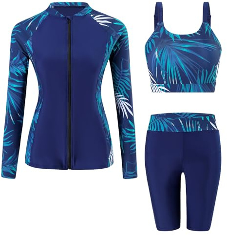 Ausing Maillot de Bain 3 Pièces Femme Protection Solaire Ensemble Rashguard Manches Longues + Short +Tankini XL