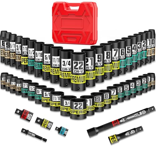 KIRXST 3/8 Drive Impact Socket Set, 50-Piece Standard SAE 5/16 to 3/4 inch and Metric 8-22mm, Cr-V Steel, 6 Point, with Extension Bars and Adapters, for Impact Wrenches, Automotive and Home