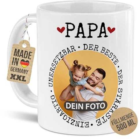 Tassendruck Personalisierte XXL Tasse mit Foto - Synonyme für Papa - Geschenk zum Vatertag, Geburtstag, Fotogeschenk - Keramik, 500 ml