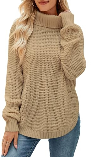 QIANSIQIANBO Pullover Damen Mit Grobem Strickmuster Rollkragen Geripptem Strick Lockerem Lässigem Schnitt Langen Ärmeln Und Schlitz Am Ausschnitt (S) Khaki