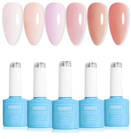 FZANEST Hema-Free Rubber Base Builder Nail Gel, 5 in1 6 Colors Nude Milky Pink Gel Polish Set Sheer Pink Natural French Tip Base Colors For Nails Thickening Extension Soak Off Gift for Womens