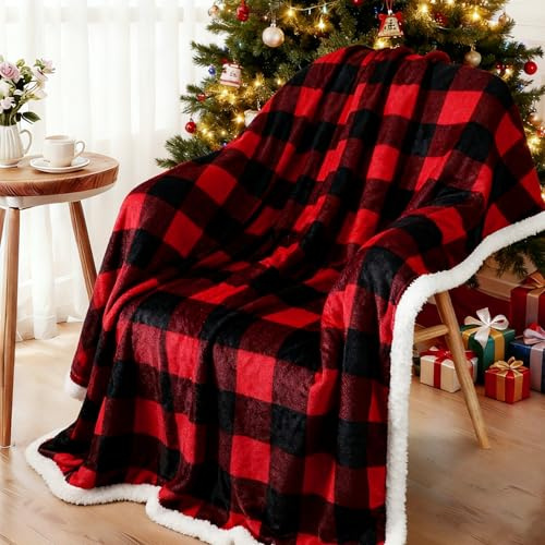 Famibay Christmas Blanket Fleece Throws for Sofa Red Thick Xmas Sherpa Throw for Double Bed Soft Cosy Fluffy Blanket 150x200cm for Sofa Bed Couch Chair
