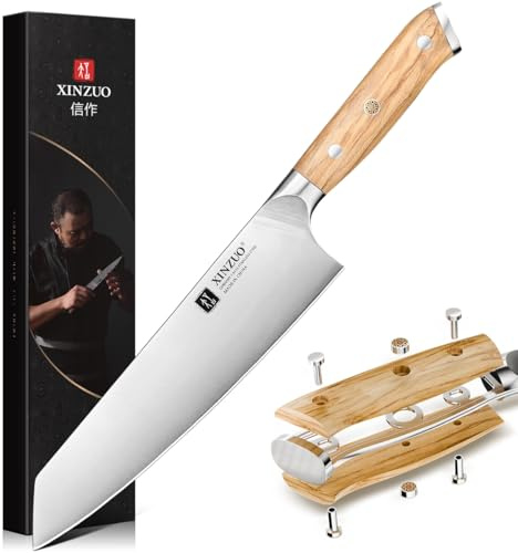 XINZUO Acero Inoxidable Alemán 1.4116 21cm Cuchillo de Cocinero Kiritsuke -Afilado y Durabilidad Cuchillo Chef de Cocina -Para Carne, Pescado, Verduras, Frutas -Mango Ergonómico de Madera de Olivo