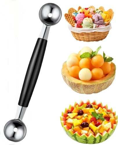 1PC Double-Sided Melon Baller - Round Fruit Scoop & Dessert Tool - Metal Melon Baller Scoop for Ice Cream, Fruit & Desserts - Black (2.5cm & 3cm, 18cm)