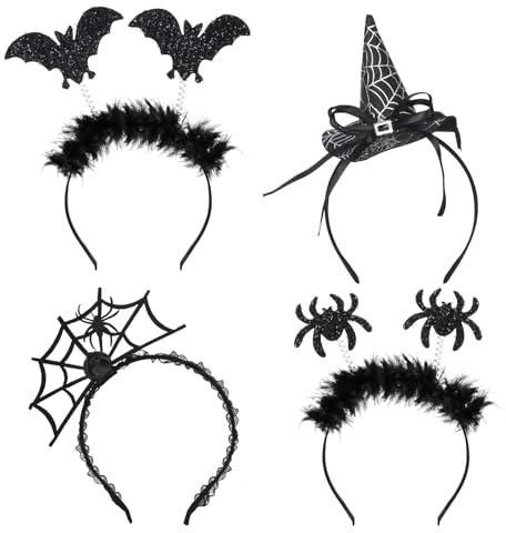 Mincloss Halloween Kostüm Haarband Halloween Haarreif 4 Stücke, Fledermaus Ohren Haarreif Hexenhut Spinne Stirnband Halloween Haarschmuck für Karneval Fasching Maskerade Party Haardekoration