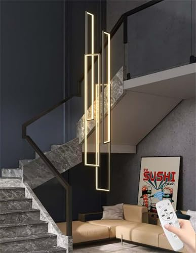 DESHOME Rechteckige LED-Pendelleuchte Geometrische Linie Treppenhaus-Kronleuchter Schwarz Lange Hängeleuchten mit Fernbedienung, dimmbar, für Wohnzimmer, Treppenhaus, hohe Decken, Foyer
