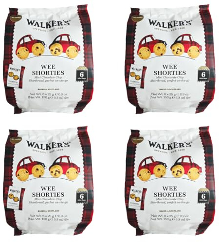 Walker's Chocolate Chip Shortbread, Mini Wee Shorties, 6 x 25g Bags, 4 Pack, Baked in Scotland