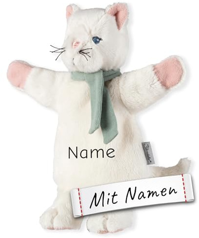 LALALO Katze Handpuppe-Schnuffeltuch mit Namen Bestickt, Sterntaler Baby & Kinder Schmusetuch personalisiert, Kasperlepuppe, Kasperletheater Puppe