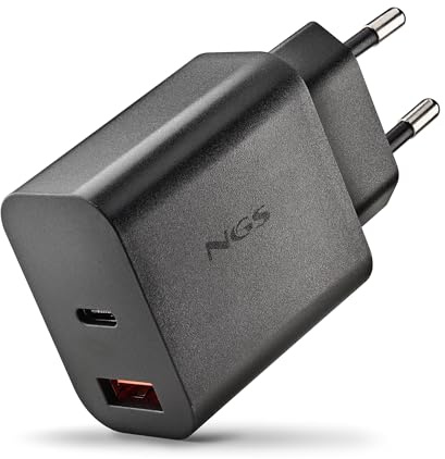NGS ERA 20W Black - Cargador GAN 20W con USB-C (PD & PPS) y USB-A QC 3.0, Carga Rápida Inteligente, Doble Puerto, Compacto y Portátil, Compatible con Smartphones y Tablets