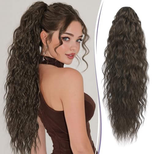 RUWISS Pferdeschwanz mit Klammer 76 cm Lange Wellig Lockig Pferdeschwanz Haarteil Synthetik Gewellt Claw Clip in Ponytail Extension für Damen, Natürliches Braun