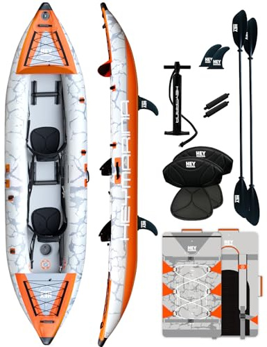 2 Person Inflatable Kayak Tandem Fishing Kayak for Adults, Portable Touring Kayak Canoe with Dual Floats and Drop-Stitch Floor, Seats, Pump, Paddles & Backpack, 12.5 FT
