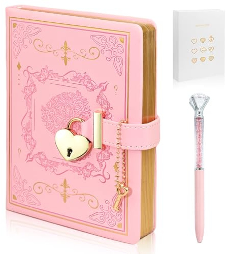 Diary with Lock for Girls Women, B6 PU Leather Notebook with Lock, Lockable Diary Girls Diary , 288 Pages Gold Edge Journal with Lock, Keys, Pen and Gift box, Secret Diary for Girls Ages 8-14 (Pink)
