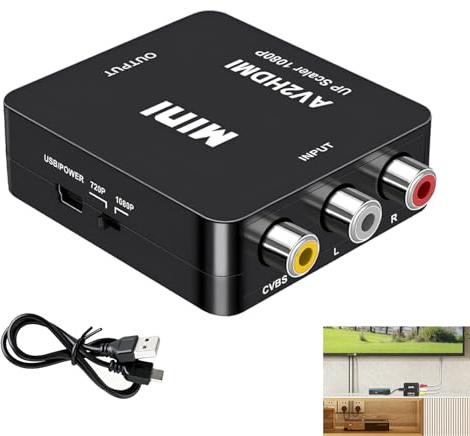 Fwobumy RCA to HDMI Converter 1080P, AV to HDMI Converter Adapter Composite CVBS Video Audio Converter Box with USB Power Cable Supports PAL NTSC for Retro Game Console VHS VCR DVD Player Camera