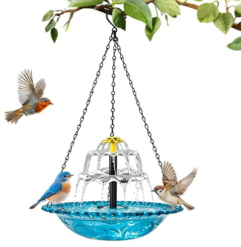 Dongcill Bebedero para Pájaros Colgante de 3 Niveles con Fuente Solar | Baño de Aves en Cascada con Cadena Metálica, Decoración para Jardín, Terraza y Balcón