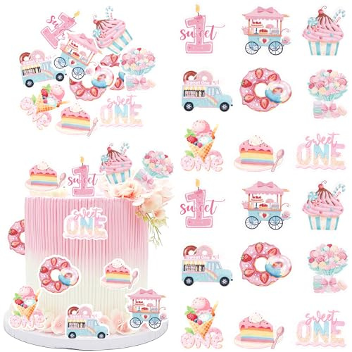 63 Stück Essbare Baby Dusche Tortendeko Waffelpapier Sweet One Cupcake Toppers Essbar Desserts Motive Kuchen Deko für Baby Erster Geburtstag Party Cupcake Dekorationen Buntes