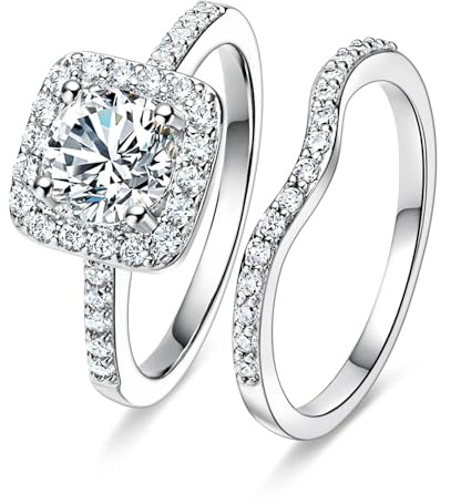 MDFUN 18K White Gold Plated Cubic Zirconia Two-In-One Halo Wedding Engagement Promise Eternity Ring for Women Size 6