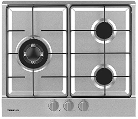 Taurus GI3EB - Plaque de cuisson gaz, 6050W, 3 zones de cuisson, commandes mécaniques, flamme réglable, triple brûleur rapide de 3,3 kW, soupapes de sécurité, convient au gaz butane, acier inoxydable