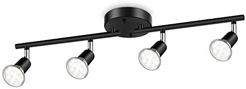 Ascher 4-Light LED Track Lighting Kit, Flexibly Rotatable Light Heads, 4 Way Ceiling Spotlight Black Finish, Including 4 GU10 LED Bulbs (4W 400LM Daylight White 5000K)