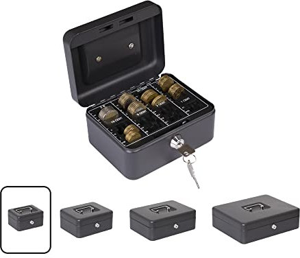 ARREGUI Elegant Cash C9614-EUR Geldkassette mit Münzzählbrett | Geldbox aus Stahl mit Euro- Zählbrett für Münzen | 15 cm breit | herausnehmbarer Zähleinsatz | Kasse mit Münzzählbrett | schwarz