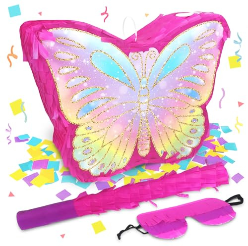 Butterfly Pinata Party Game Set |Colorful Birthday Party Decoration with Stick & Blindfold, Spring Theme Party Supplies for Girls Celebration (16 x 12.6 x 4.2 in)