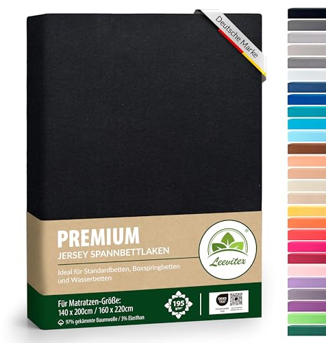 Premium Spannbettlaken, extra schwer und dick, 97% Mako-Jersey-Baumwolle und 3% Elasthan, auch Boxspringbett geeignet, 140 x 200-160 x 220 cm, Schwarz