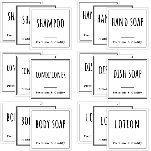 Segbeauty Etiquetas Impermeables Blanco para Baño Cocina, 18 Piezas Preimpresas conShampoo,Conditioner,Body Soap,Hand Soap, Dish Soap, Lotion, Puede Pegar a Botella de Bomba y Dispensadora de Jabón