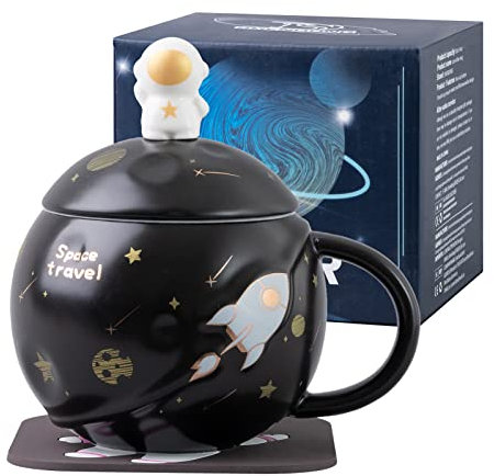 Kawaii Astronaut Cup Space Relief Planet, Tasse à Café en Céramique Mignon, Nouveauté du Matin Avec Cuillère Couverte et Sous-Verres pour Café, Thé, Lait