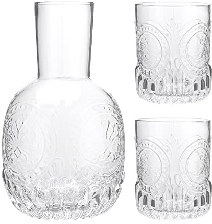 NLDGR Nachttisch-Wasserkaraffe und Glas-Set, Vintage-Stil, 880 ml, transparentes Glas, Nachttisch, Wasserkrug für Schlafzimmer, Nachttisch