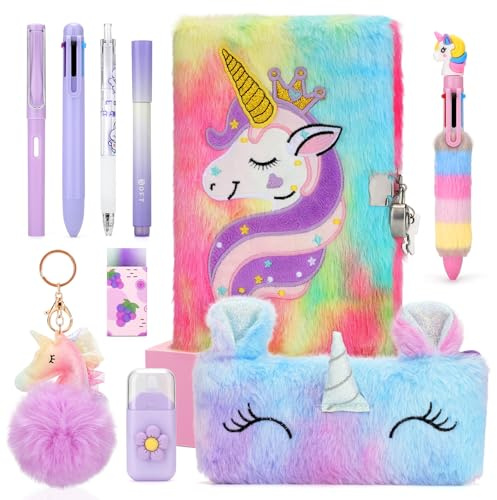 Cooyou Plüsch Einhorn Tagebuch Mädchen mit Schloss, Plüsch Notizbuch & Tagebuch Set für Kinder, Einhorn Geschenke für Mädchen 4 5 6 7 8 9 10 11 12 Jahre