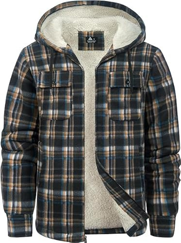ZITY Men's Flannel Hooded Jacket Fleece Sherpa Lined Plaid Shirts Jackets Zip Up Sweatshirt Hoodies for Men with 4 Pockets Black Brown XX-Large