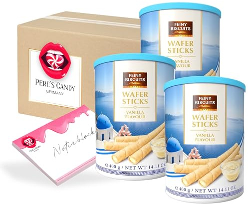 Pere's Candy Bundle für 1,2 kg • Vanille Wafer Sticks • Waffelröllchen mit Vanillegeschmackcreme 3er Pack (3 x 400 g) + Pere's Candy Notepad DIN A7-25 Blatt