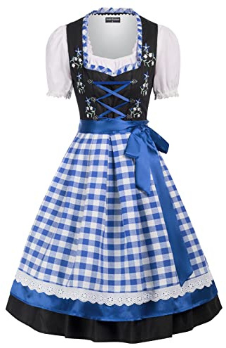 SCARLET DARKNESS Dirndl Bluse Schürze Trachtenkleid 3tlg Midi Spitzen Dirndl für Damen Oktoberfest Outfit Trachtenmode Blau Weiß Plaid S