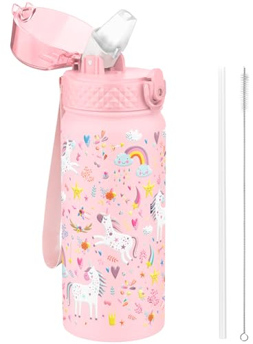 GOPPUS 550ml/18oz Kids Insulated Water Bottle with Straw Cute Double Wall Stainless Steel Child's Small Flask Vacuum Insulated Steel Metal Leak Proof Drink Flask Boys Toddler Girls Bottles BPA-Free
