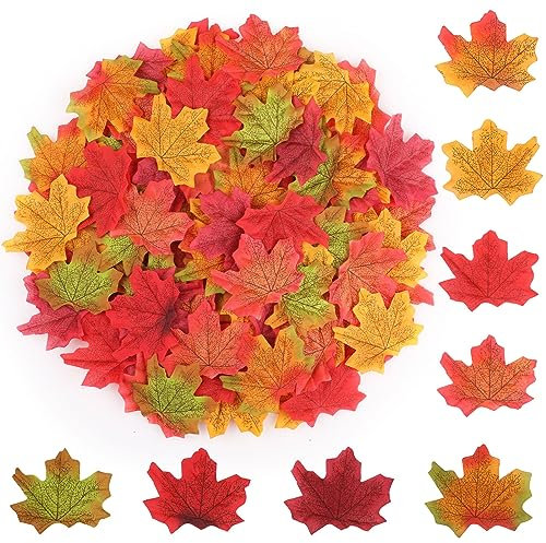 WD&CD 400pcs Autumn Leaves, Artificial Fall Maple Leaves Multi Color, Autumn Fake Fall Leaves Table Scatters for Fall Weddings & Autumn Parties Decorations Thanksgiving Day Halloween Decorations