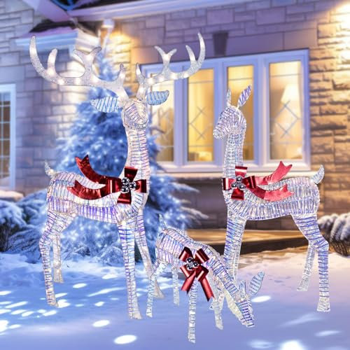Weihnachtsdekoration für draußen, Rentier Familie – leuchtendes Weihnachtsdekor, schillernder Hirsch, 3-teilig, mit LED-Lichtern, Erdspießen, für die Veranda im Vorgarten – schillernd