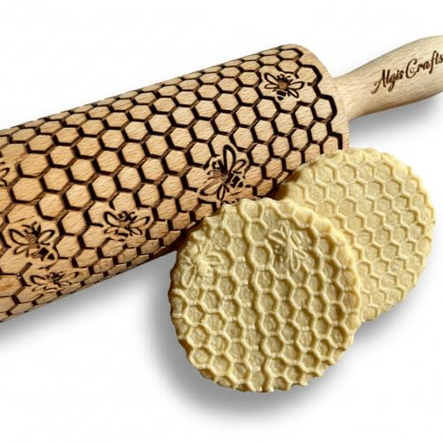 Mattarello Decorativo per Biscotti ALVEARE | Mattarello Inciso | Rullo per Biscotti e per Modellare | Mattarello Legno Goffrato di Algis Crafts