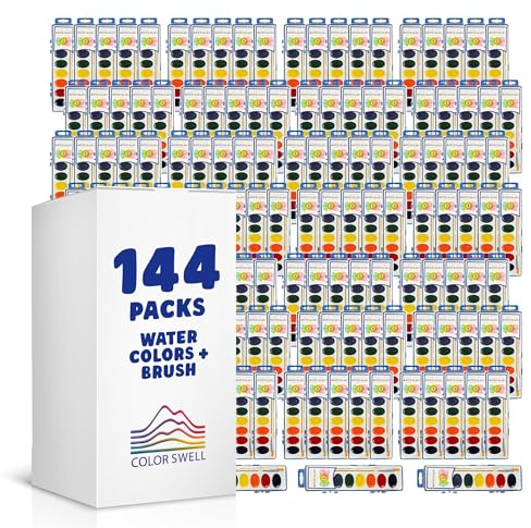 Color Swell 144 Set Bulk Watercolor Paint Pack with Wood Brushes 8 Colors Washable Water Colors Perfect for Kids Classroom, Parties, Students, Donations