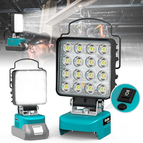 Ecarke Akku-Lampe kompatibel mit Makita 18V, Kabellose LED-Arbeitsleuchte mit 48W/4800LM und 6500K Farbtemperatur, Akku Strahler mit Typ-C und USB-Aufladung ideal für Baustelle, Camping und Wandern